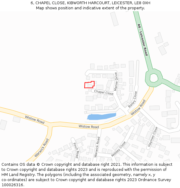 6, CHAPEL CLOSE, KIBWORTH HARCOURT, LEICESTER, LE8 0XH: Location map and indicative extent of plot