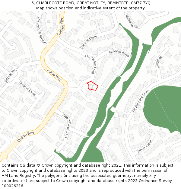 6, CHARLECOTE ROAD, GREAT NOTLEY, BRAINTREE, CM77 7YQ: Location map and indicative extent of plot