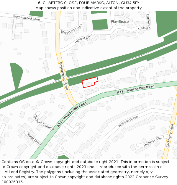 6, CHARTERS CLOSE, FOUR MARKS, ALTON, GU34 5FY: Location map and indicative extent of plot