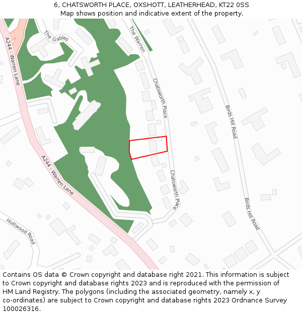 6, CHATSWORTH PLACE, OXSHOTT, LEATHERHEAD, KT22 0SS: Location map and indicative extent of plot