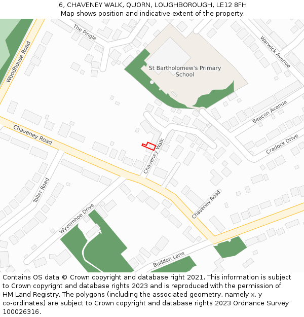 6, CHAVENEY WALK, QUORN, LOUGHBOROUGH, LE12 8FH: Location map and indicative extent of plot