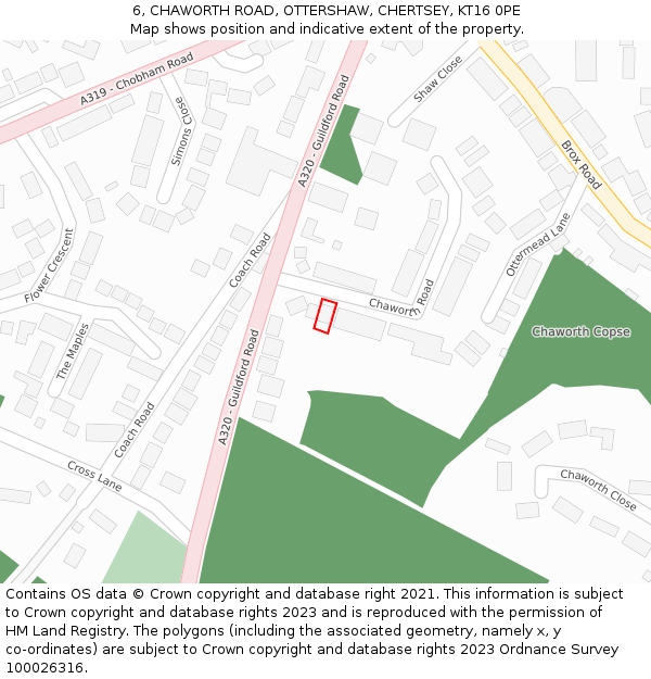 6, CHAWORTH ROAD, OTTERSHAW, CHERTSEY, KT16 0PE: Location map and indicative extent of plot