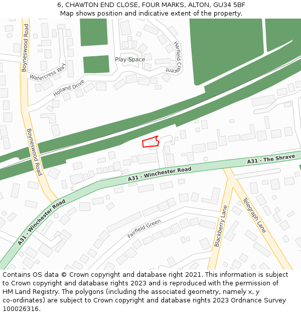 6, CHAWTON END CLOSE, FOUR MARKS, ALTON, GU34 5BF: Location map and indicative extent of plot