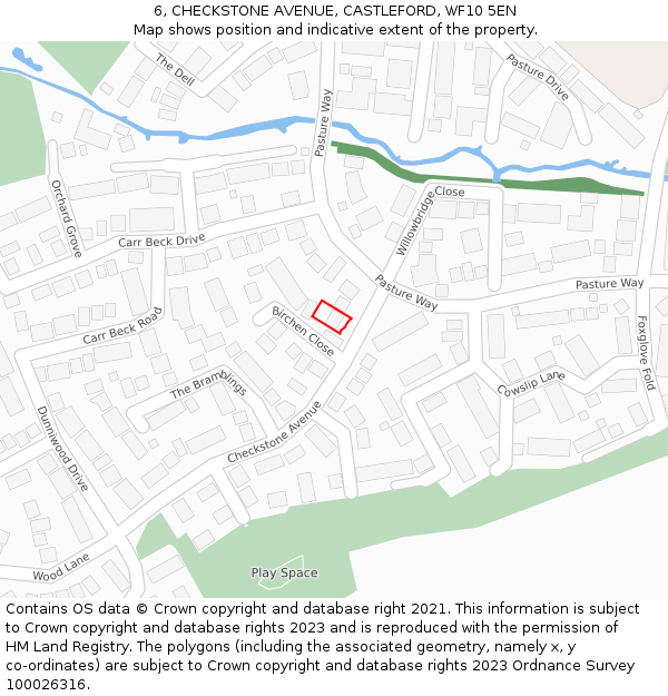 6, CHECKSTONE AVENUE, CASTLEFORD, WF10 5EN: Location map and indicative extent of plot