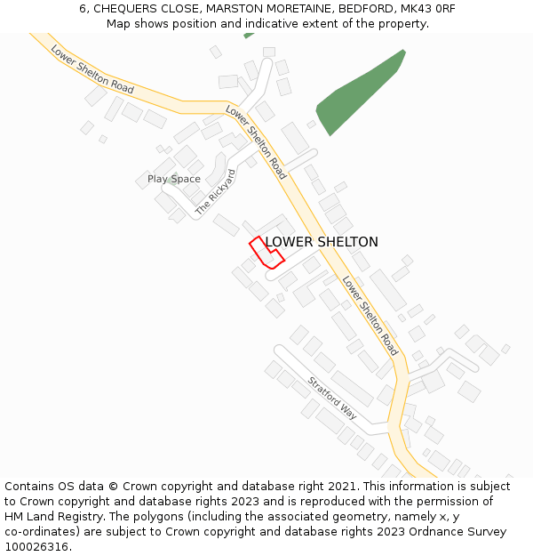 6, CHEQUERS CLOSE, MARSTON MORETAINE, BEDFORD, MK43 0RF: Location map and indicative extent of plot