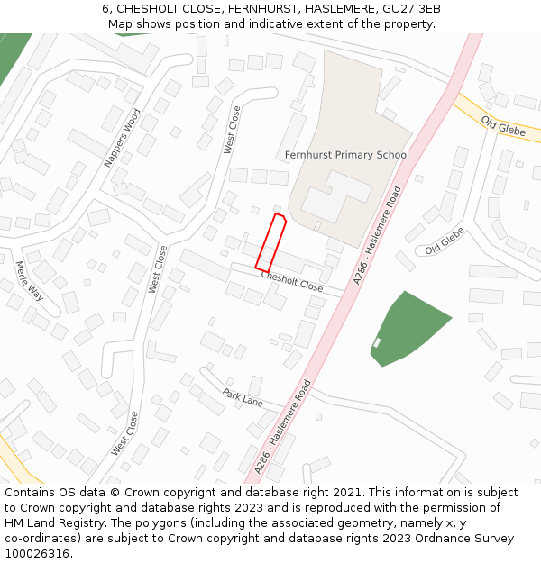 6, CHESHOLT CLOSE, FERNHURST, HASLEMERE, GU27 3EB: Location map and indicative extent of plot
