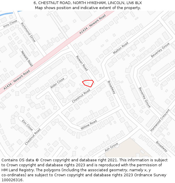 6, CHESTNUT ROAD, NORTH HYKEHAM, LINCOLN, LN6 8LX: Location map and indicative extent of plot