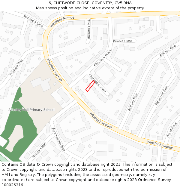 6, CHETWODE CLOSE, COVENTRY, CV5 9NA: Location map and indicative extent of plot