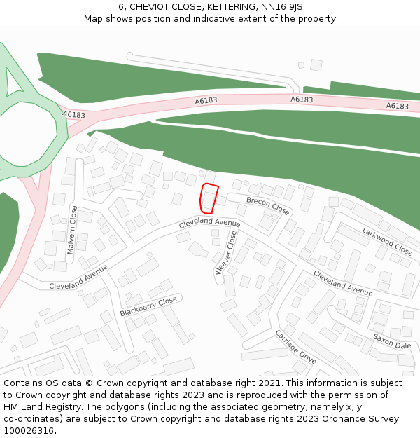 6, CHEVIOT CLOSE, KETTERING, NN16 9JS: Location map and indicative extent of plot