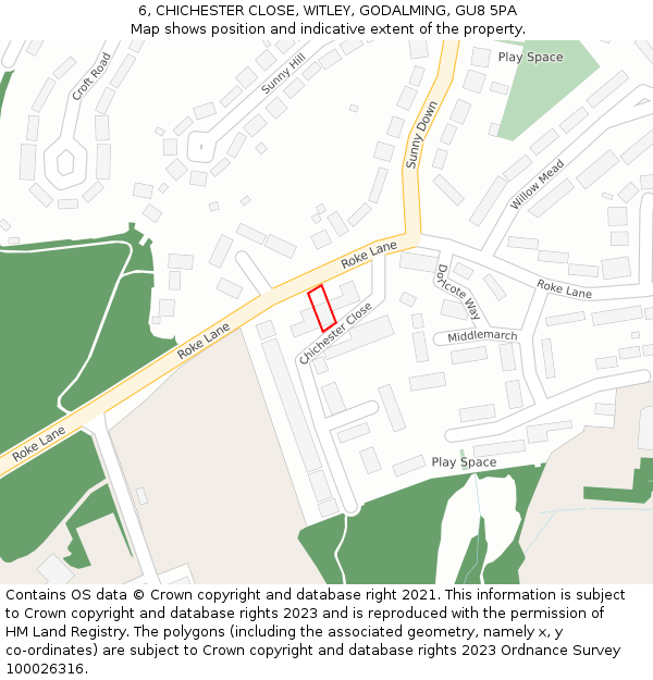 6, CHICHESTER CLOSE, WITLEY, GODALMING, GU8 5PA: Location map and indicative extent of plot