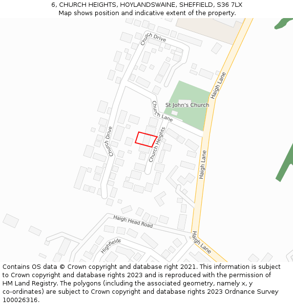 6, CHURCH HEIGHTS, HOYLANDSWAINE, SHEFFIELD, S36 7LX: Location map and indicative extent of plot