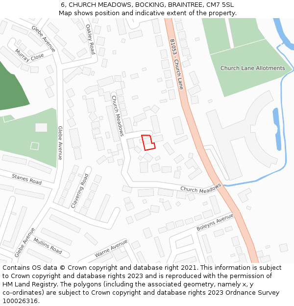 6, CHURCH MEADOWS, BOCKING, BRAINTREE, CM7 5SL: Location map and indicative extent of plot