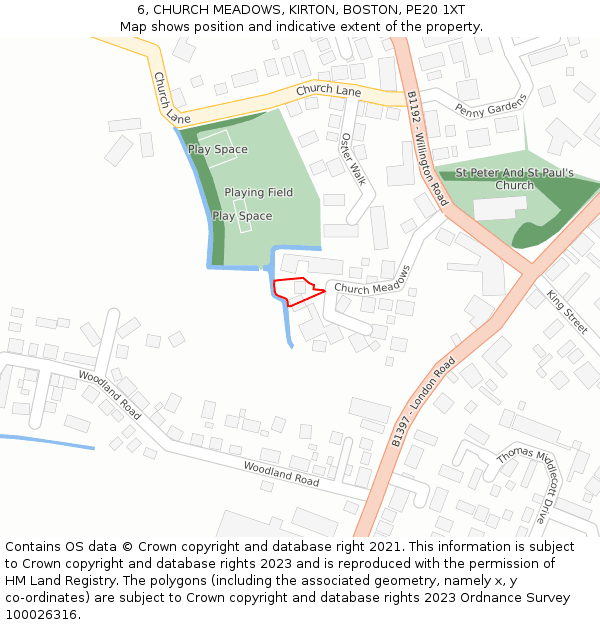 6, CHURCH MEADOWS, KIRTON, BOSTON, PE20 1XT: Location map and indicative extent of plot