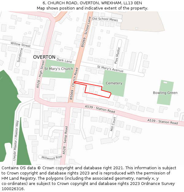 6, CHURCH ROAD, OVERTON, WREXHAM, LL13 0EN: Location map and indicative extent of plot