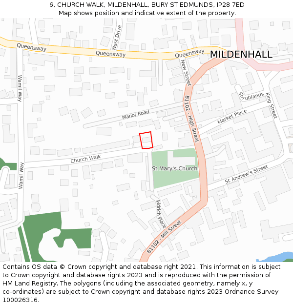 6, CHURCH WALK, MILDENHALL, BURY ST EDMUNDS, IP28 7ED: Location map and indicative extent of plot