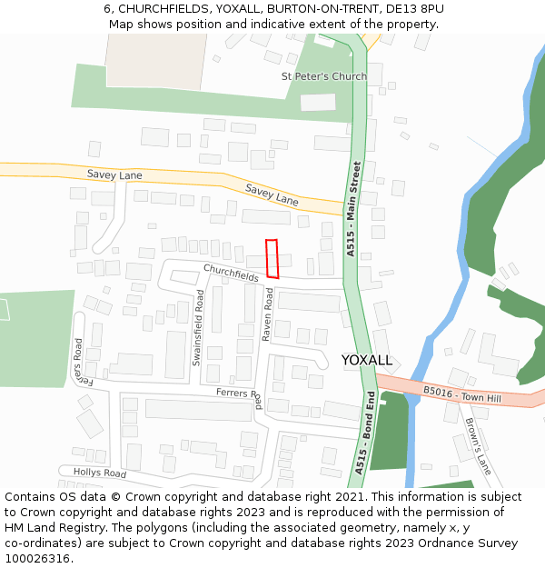 6, CHURCHFIELDS, YOXALL, BURTON-ON-TRENT, DE13 8PU: Location map and indicative extent of plot