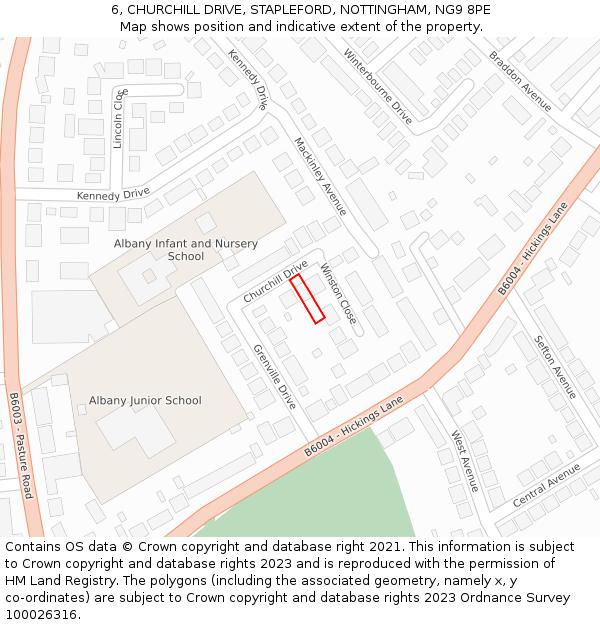 6, CHURCHILL DRIVE, STAPLEFORD, NOTTINGHAM, NG9 8PE: Location map and indicative extent of plot