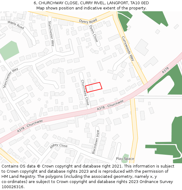 6, CHURCHWAY CLOSE, CURRY RIVEL, LANGPORT, TA10 0ED: Location map and indicative extent of plot