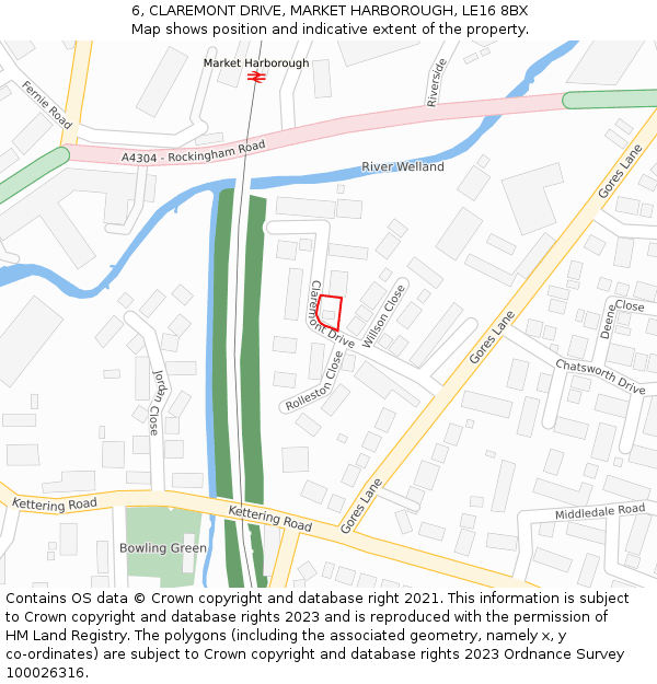 6, CLAREMONT DRIVE, MARKET HARBOROUGH, LE16 8BX: Location map and indicative extent of plot