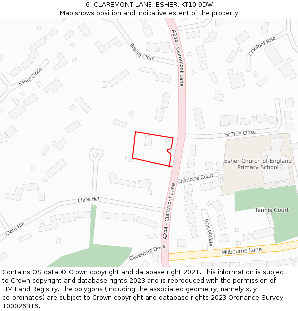 6, CLAREMONT LANE, ESHER, KT10 9DW: Location map and indicative extent of plot