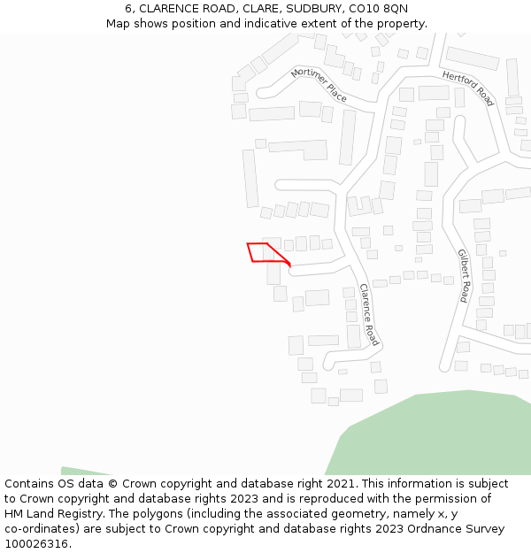 6, CLARENCE ROAD, CLARE, SUDBURY, CO10 8QN: Location map and indicative extent of plot