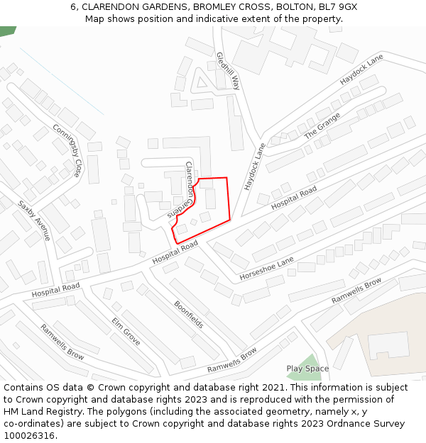 6, CLARENDON GARDENS, BROMLEY CROSS, BOLTON, BL7 9GX: Location map and indicative extent of plot