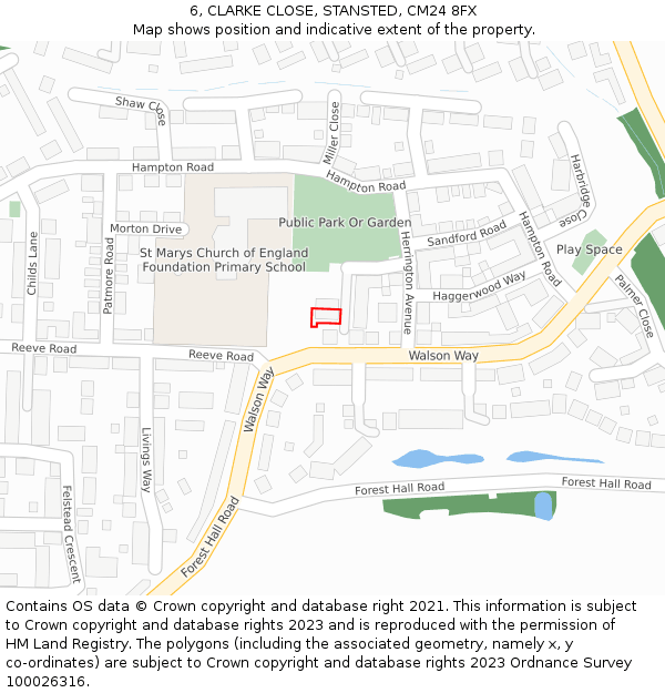 6, CLARKE CLOSE, STANSTED, CM24 8FX: Location map and indicative extent of plot