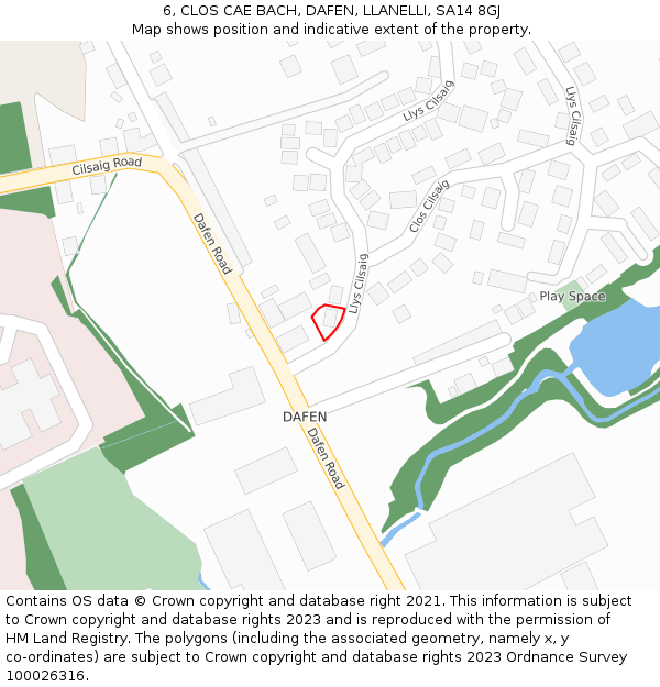 6, CLOS CAE BACH, DAFEN, LLANELLI, SA14 8GJ: Location map and indicative extent of plot