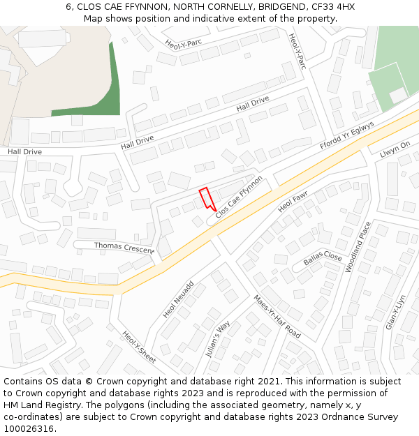 6, CLOS CAE FFYNNON, NORTH CORNELLY, BRIDGEND, CF33 4HX: Location map and indicative extent of plot