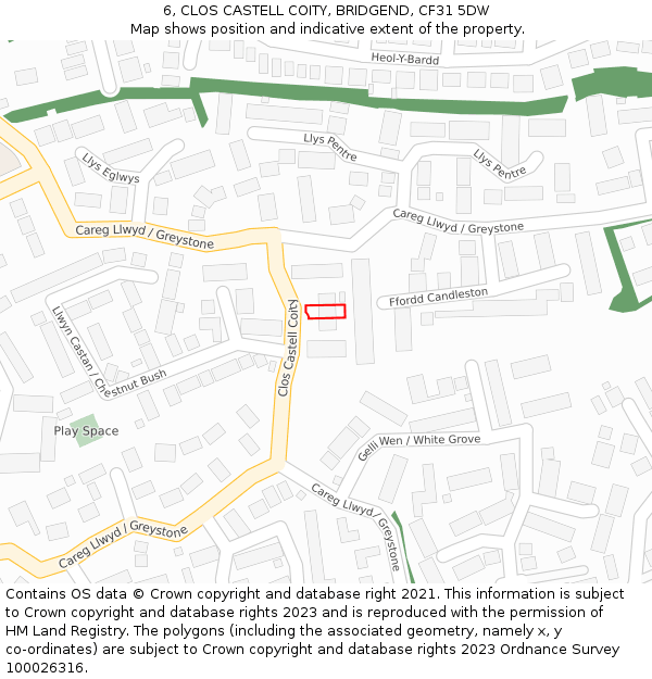 6, CLOS CASTELL COITY, BRIDGEND, CF31 5DW: Location map and indicative extent of plot