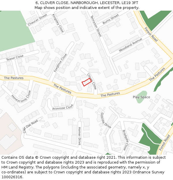 6, CLOVER CLOSE, NARBOROUGH, LEICESTER, LE19 3FT: Location map and indicative extent of plot