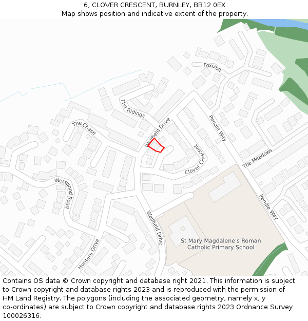 6, CLOVER CRESCENT, BURNLEY, BB12 0EX: Location map and indicative extent of plot