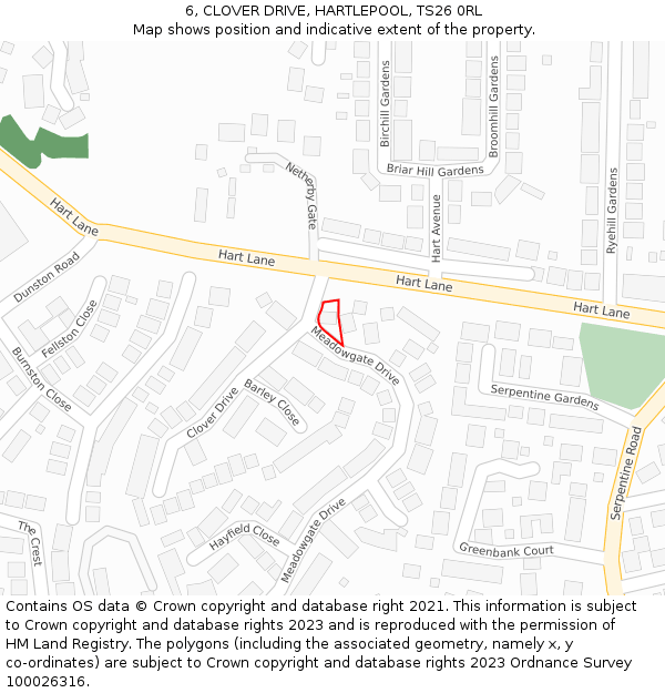 6, CLOVER DRIVE, HARTLEPOOL, TS26 0RL: Location map and indicative extent of plot