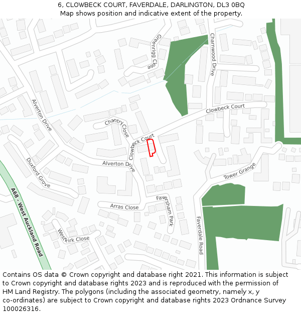 6, CLOWBECK COURT, FAVERDALE, DARLINGTON, DL3 0BQ: Location map and indicative extent of plot