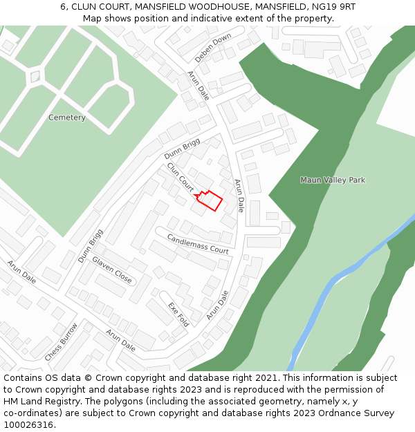 6, CLUN COURT, MANSFIELD WOODHOUSE, MANSFIELD, NG19 9RT: Location map and indicative extent of plot