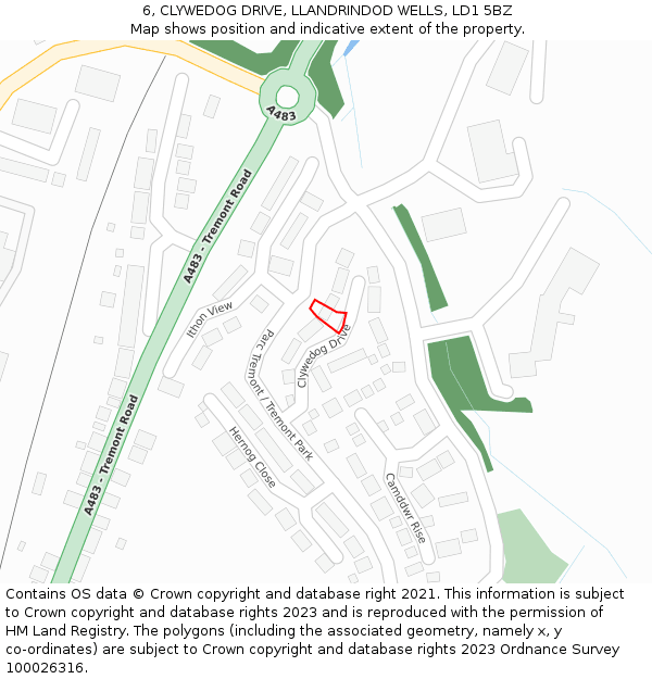 6, CLYWEDOG DRIVE, LLANDRINDOD WELLS, LD1 5BZ: Location map and indicative extent of plot