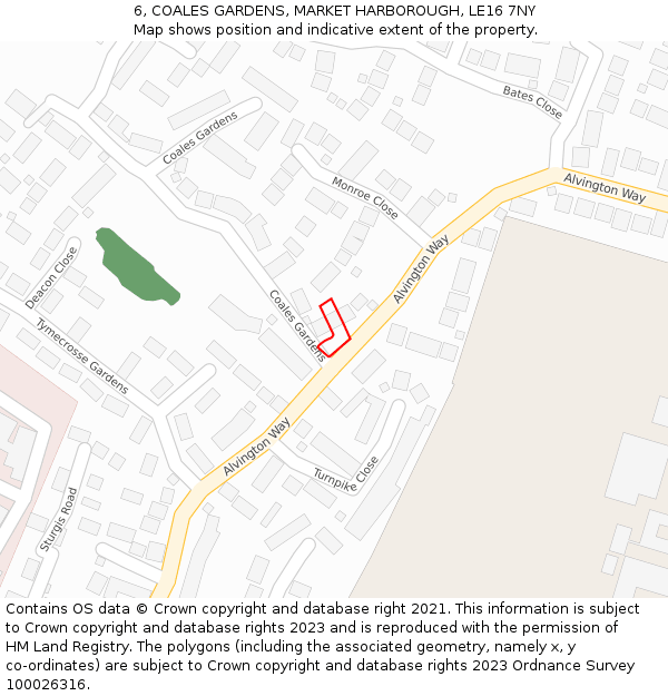 6, COALES GARDENS, MARKET HARBOROUGH, LE16 7NY: Location map and indicative extent of plot