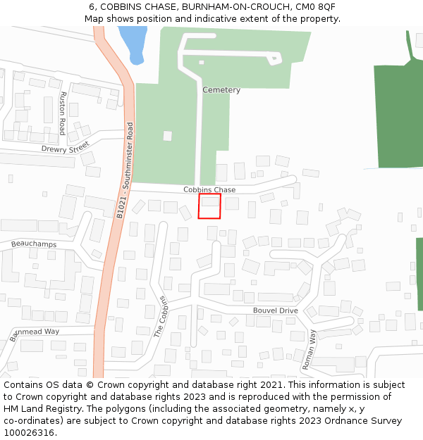 6, COBBINS CHASE, BURNHAM-ON-CROUCH, CM0 8QF: Location map and indicative extent of plot