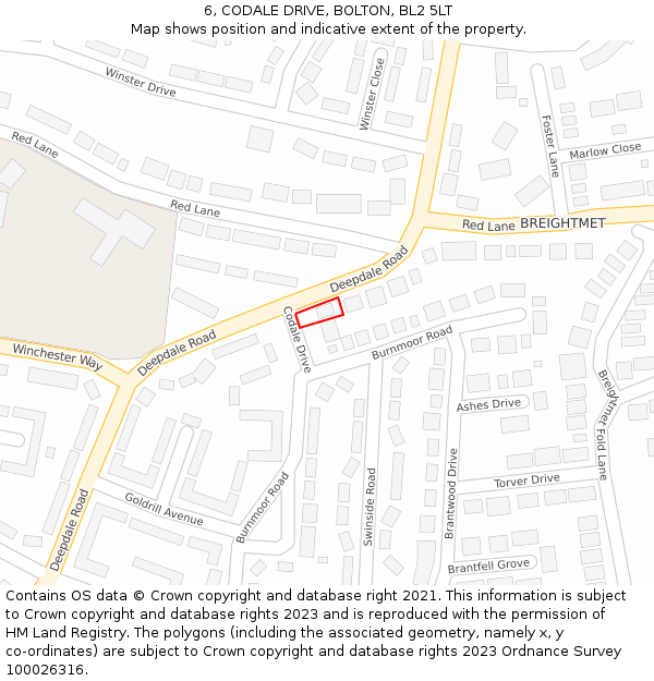 6, CODALE DRIVE, BOLTON, BL2 5LT: Location map and indicative extent of plot