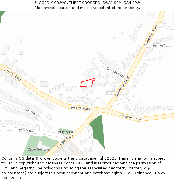 6, COED Y CRWYS, THREE CROSSES, SWANSEA, SA4 3PW: Location map and indicative extent of plot