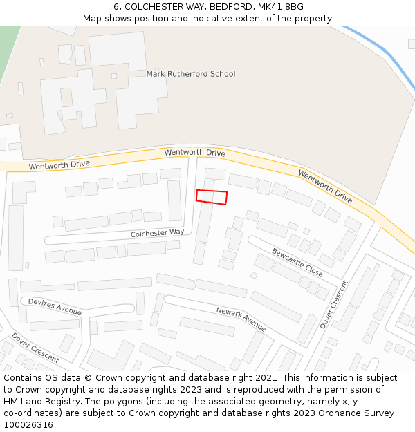 6, COLCHESTER WAY, BEDFORD, MK41 8BG: Location map and indicative extent of plot