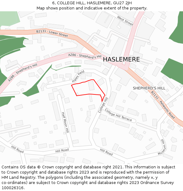 6, COLLEGE HILL, HASLEMERE, GU27 2JH: Location map and indicative extent of plot