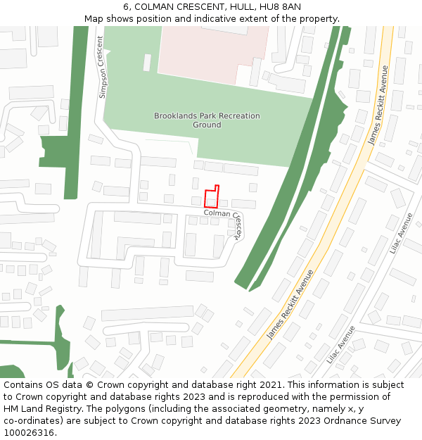 6, COLMAN CRESCENT, HULL, HU8 8AN: Location map and indicative extent of plot