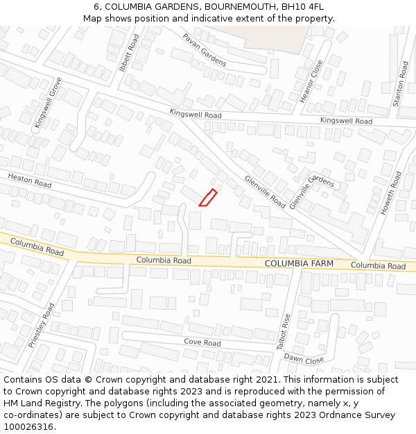 6, COLUMBIA GARDENS, BOURNEMOUTH, BH10 4FL: Location map and indicative extent of plot