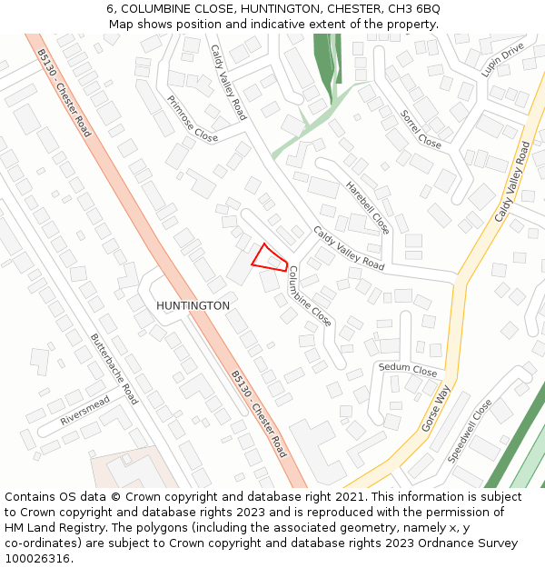 6, COLUMBINE CLOSE, HUNTINGTON, CHESTER, CH3 6BQ: Location map and indicative extent of plot