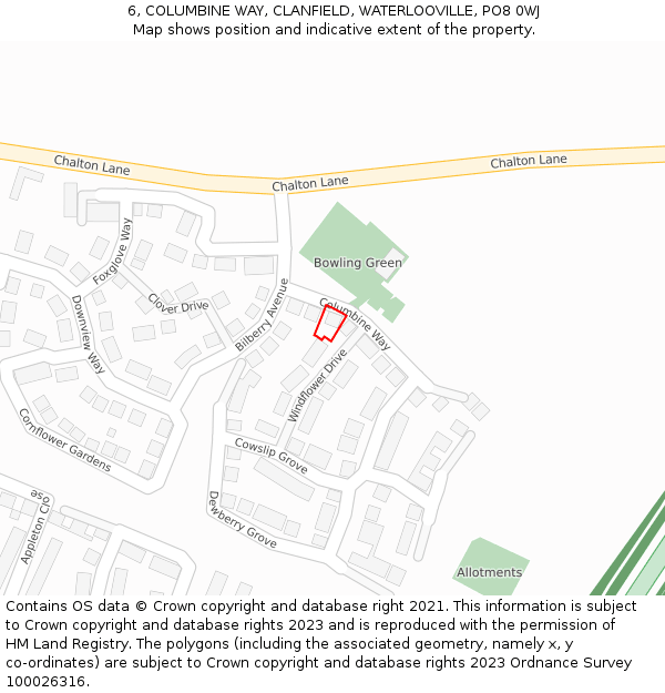 6, COLUMBINE WAY, CLANFIELD, WATERLOOVILLE, PO8 0WJ: Location map and indicative extent of plot