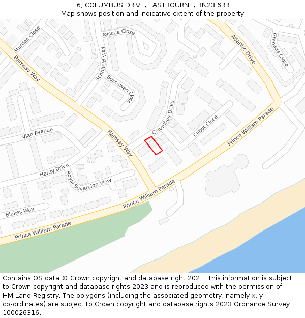 6, COLUMBUS DRIVE, EASTBOURNE, BN23 6RR: Location map and indicative extent of plot
