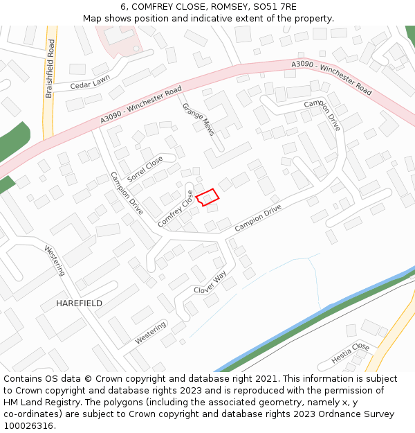 6, COMFREY CLOSE, ROMSEY, SO51 7RE: Location map and indicative extent of plot