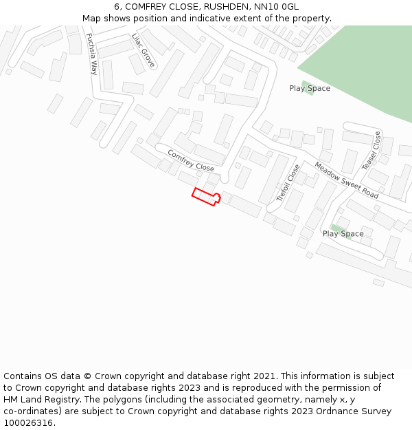 6, COMFREY CLOSE, RUSHDEN, NN10 0GL: Location map and indicative extent of plot