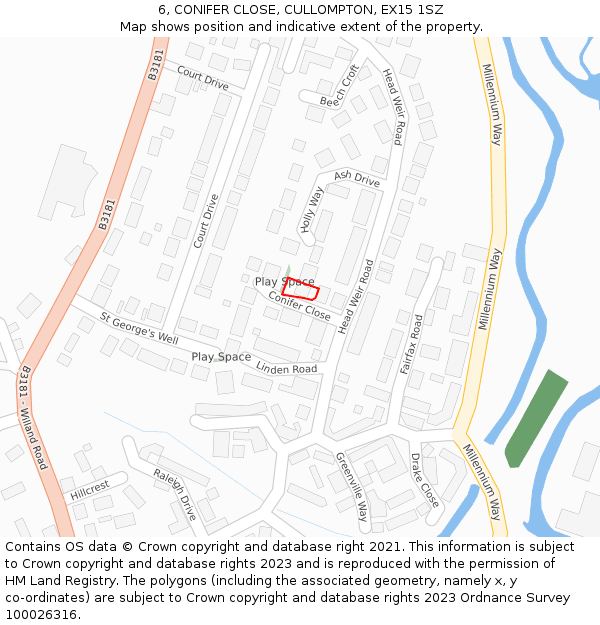 6, CONIFER CLOSE, CULLOMPTON, EX15 1SZ: Location map and indicative extent of plot